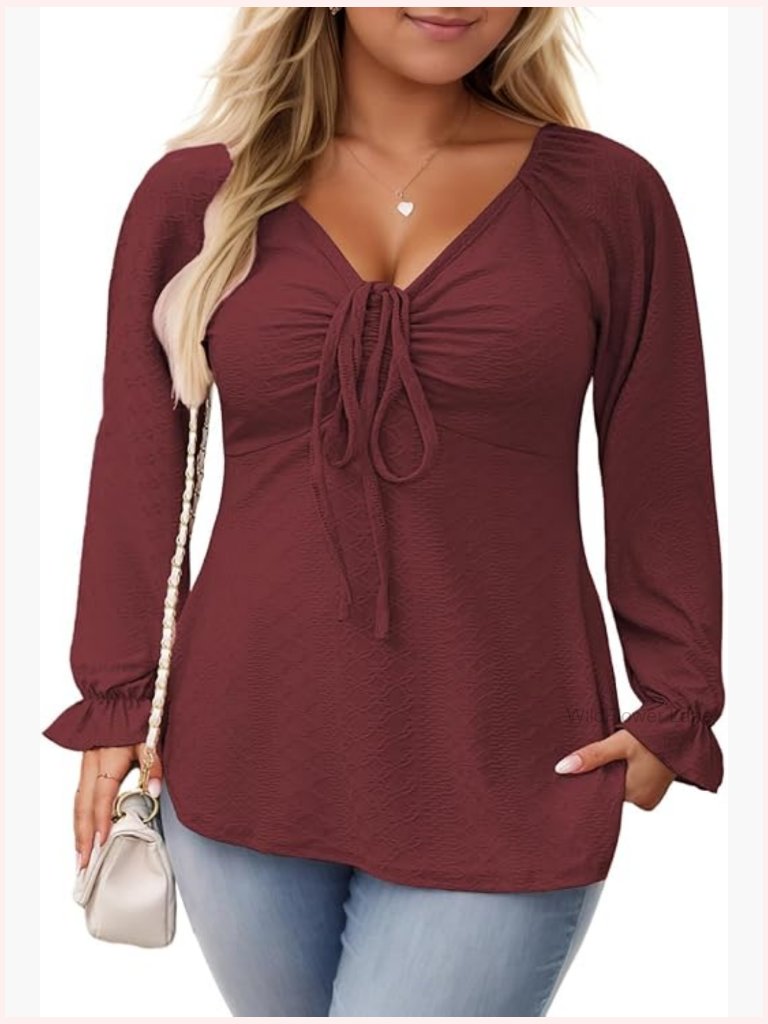 Plus Size Tunic V Neck Puff Sleeve Drawstring Hem Dressy Blouse